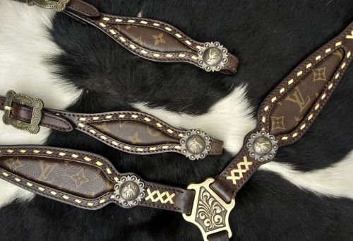 Klassy Cowgirl Argentina Cow Leather Re-Purposed Louis Vuitton Headstall and Breast Collar Set with gold leather lacing #4